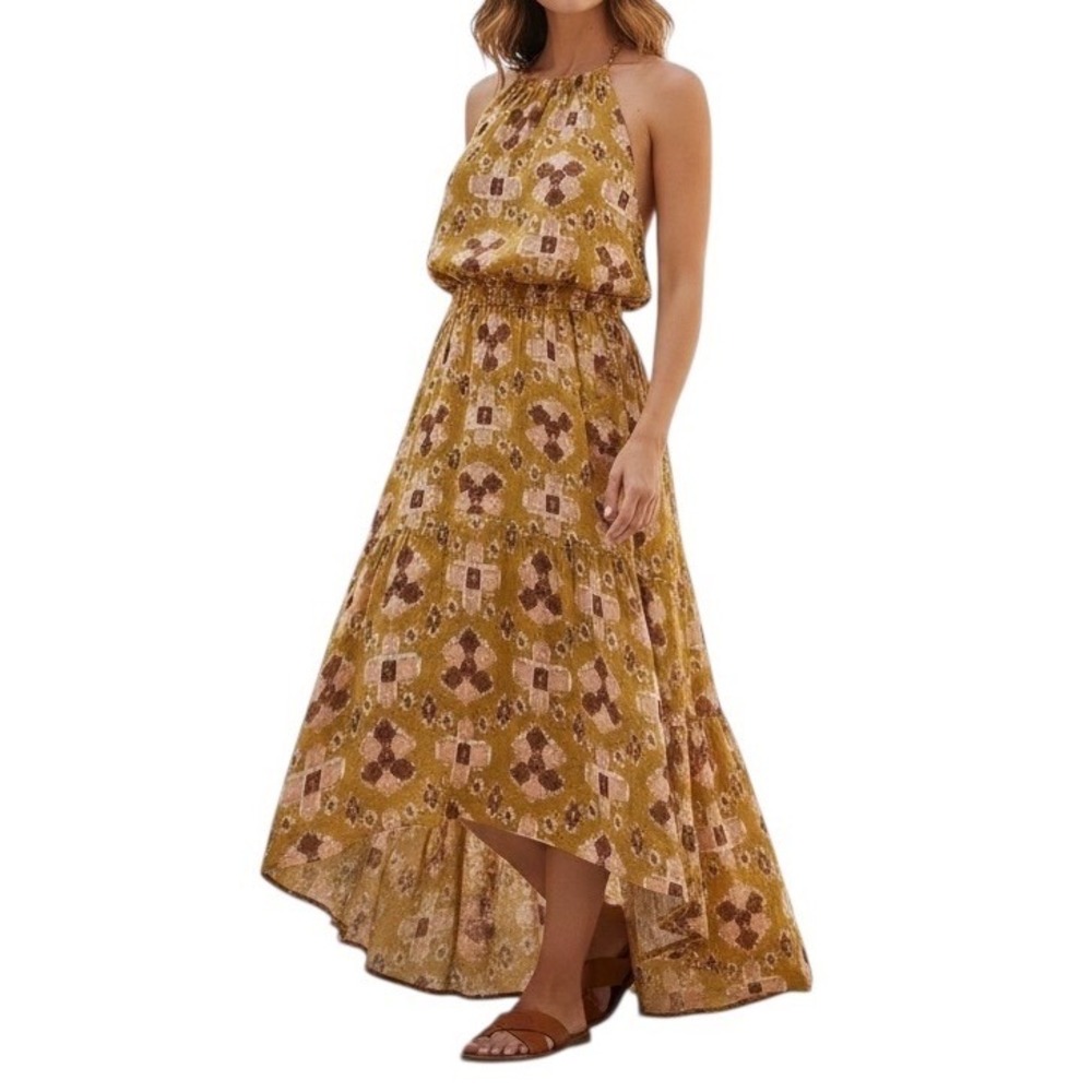 Aerie‎ Mustard Yellow Geometric Print Halter Maxi Dress Tiered High Low Size XS
